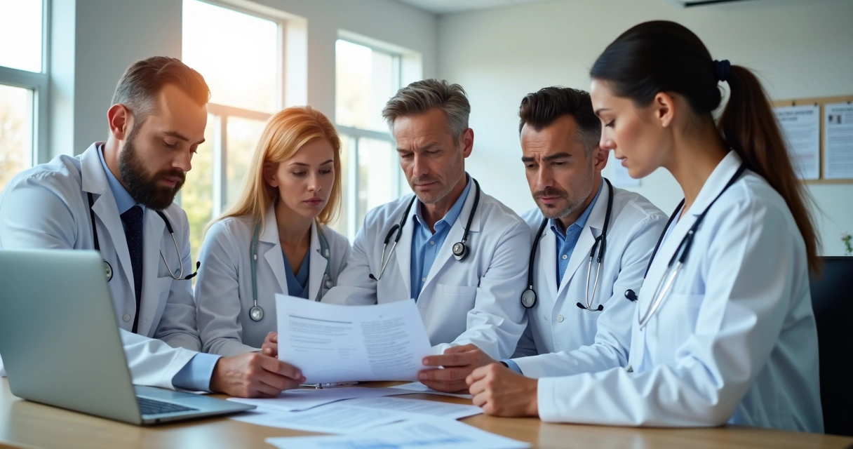 Grupo de médicos revisando documentos em um consultório 