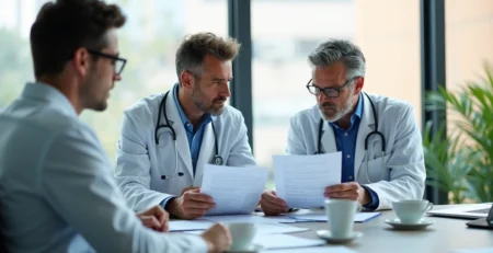 Profissionais da saúde em reunião analisando documentos de seguro profissional em ambiente de consultório moderno