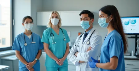 Profissionais da saúde em ambientes clínicos usando equipamentos de proteção, representando segurança e cobertura de seguro