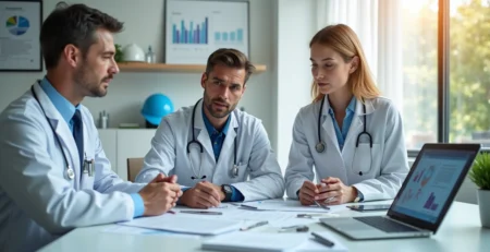 Profissionais da saúde em ambiente clínico com equipamentos médicos e documentos de seguro sobre a mesa