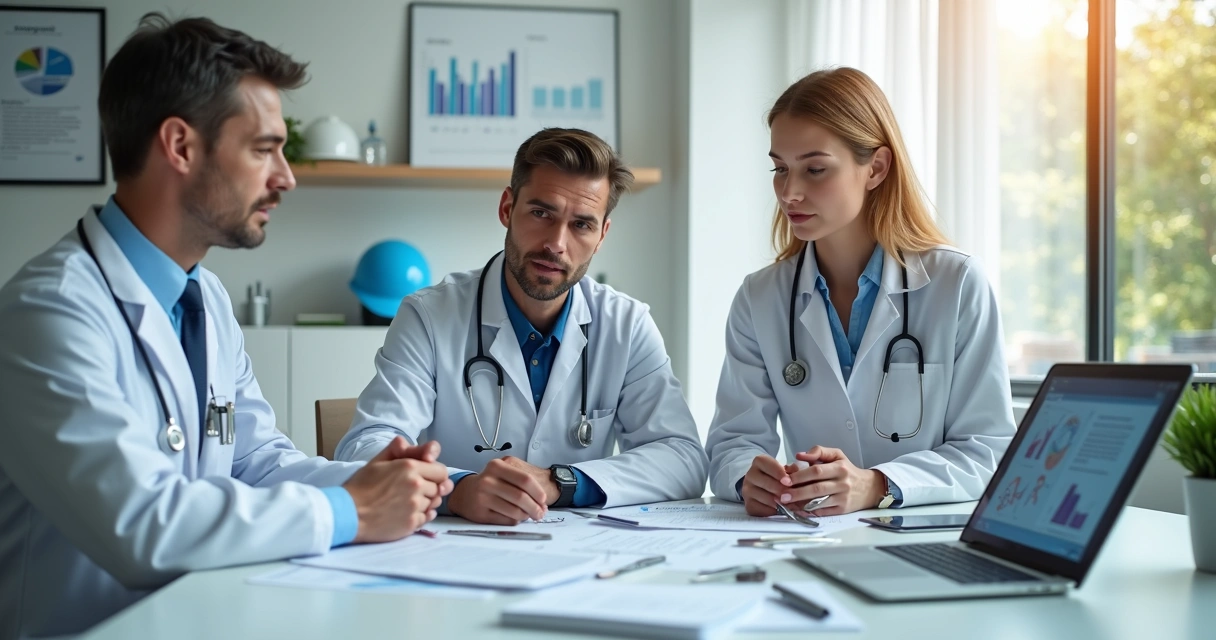 Profissionais da saúde em ambiente clínico com equipamentos médicos e documentos de seguro sobre a mesa