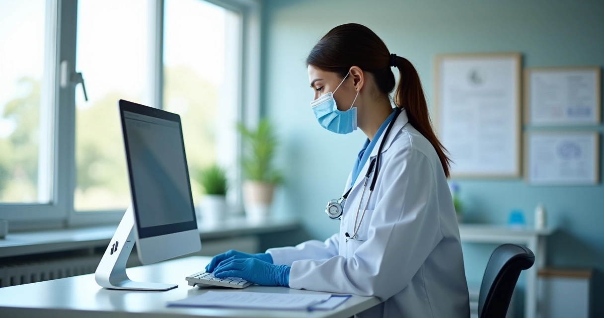 Médico trabalha de máscara e luvas em consultório. 