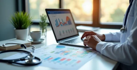 Profissional da saúde analisando gráficos financeiros em escritório moderno com planta e laptop