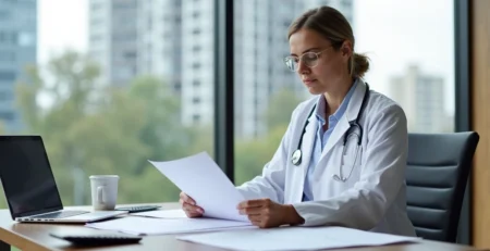 Profissional da saúde analisando documentos de planejamento financeiro em escritório moderno