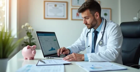 Profissional da saúde em consultório com documentos e laptop, simbolizando segurança financeira e seguro de vida
