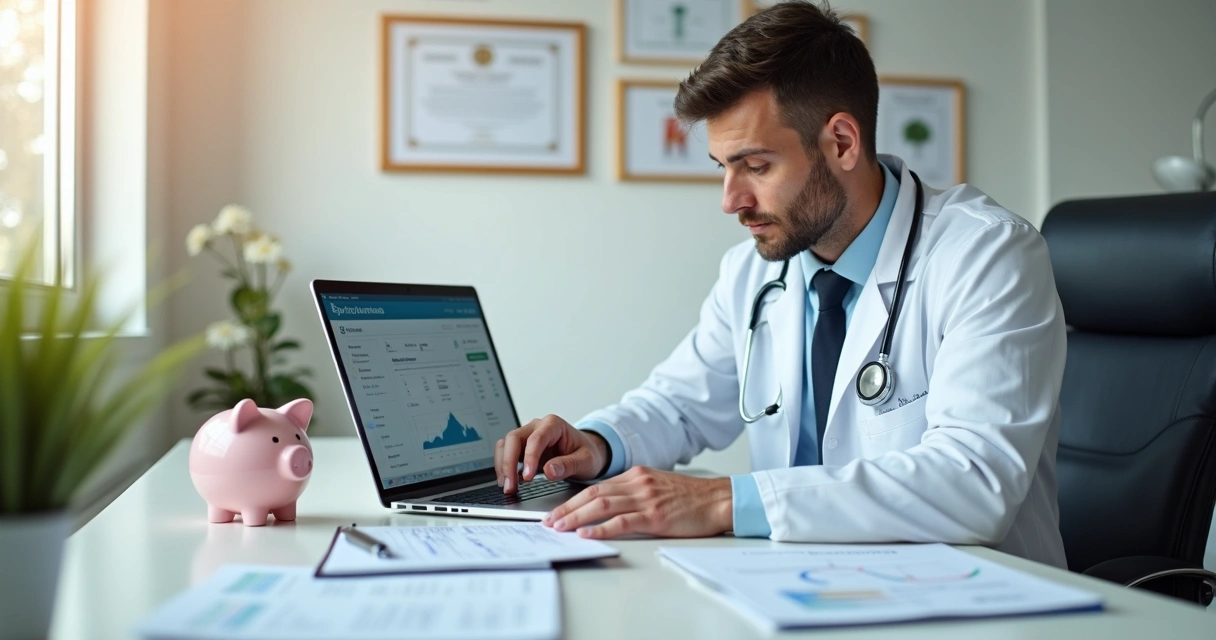 Profissional da saúde em consultório com documentos e laptop, simbolizando segurança financeira e seguro de vida