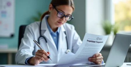 Profissional da saúde consultando documentos de seguro de incapacidade temporária em ambiente clínico moderno