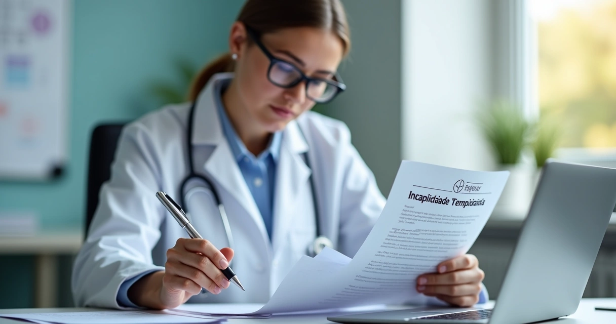 Profissional da saúde consultando documentos de seguro de incapacidade temporária em ambiente clínico moderno