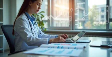 Profissional da saúde analisando documentos de seguro com gráficos e simbolos de proteção ao redor