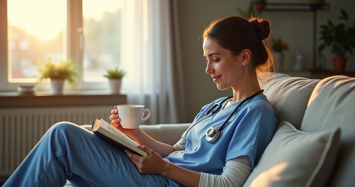 Profissional de saúde relaxando em casa durante recuperação 
