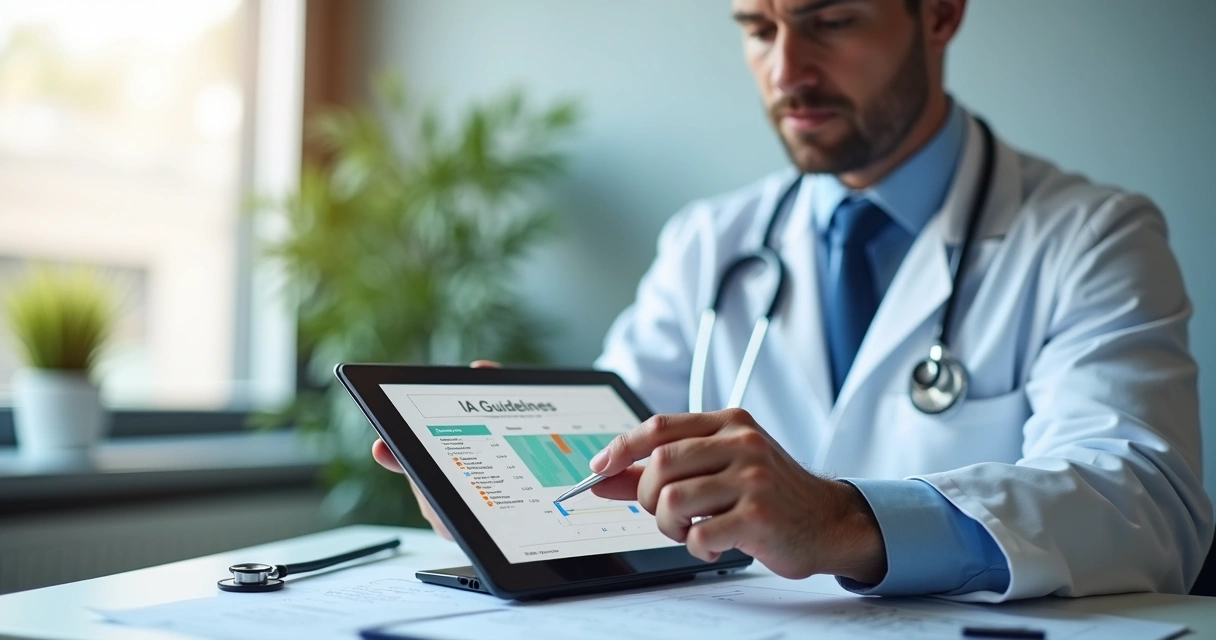 Médico confere protocolo seguro em tablet em consultório moderno 