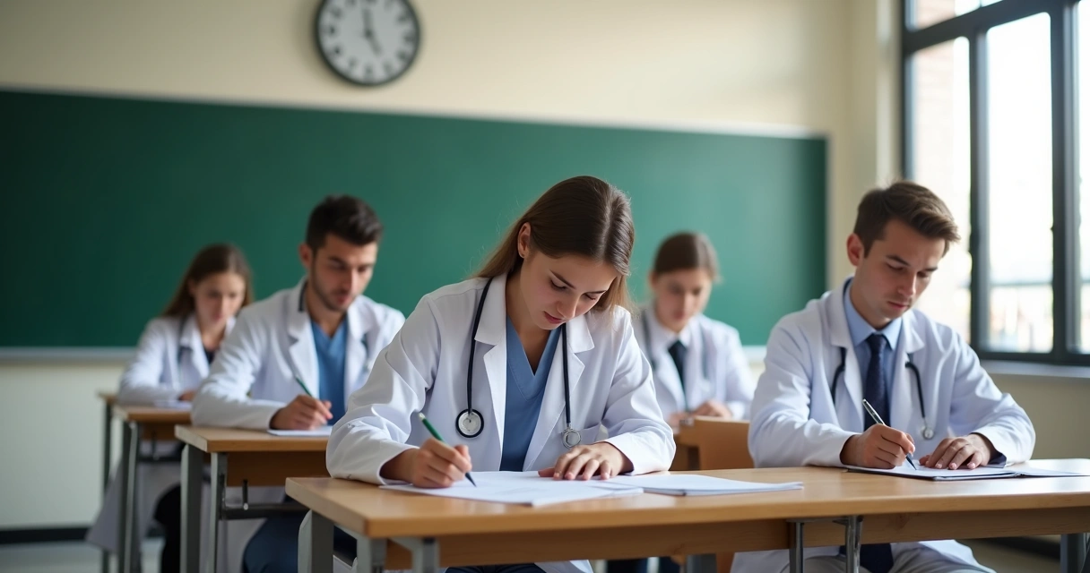 Jovens médicos realizando um exame ou prova em sala de aula, ambiente típico de universidade