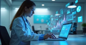 Profissional da saúde usando laptop com gráficos digitais e elementos de marketing online ao redor