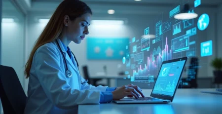 Profissional da saúde usando laptop com gráficos digitais e elementos de marketing online ao redor