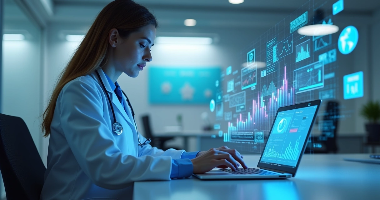 Profissional da saúde usando laptop com gráficos digitais e elementos de marketing online ao redor