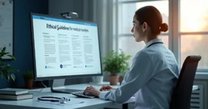 Profissional da saúde analisando diretrizes éticas de marketing médico em tela de computador moderno