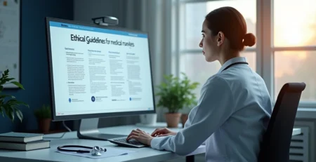 Profissional da saúde analisando diretrizes éticas de marketing médico em tela de computador moderno