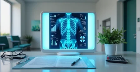 Raio x iluminando prontuário financeiro sobre mesa de clínica