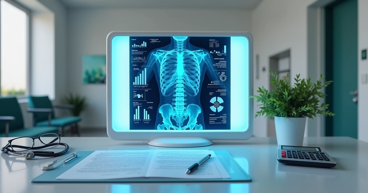 Raio x iluminando prontuário financeiro sobre mesa de clínica