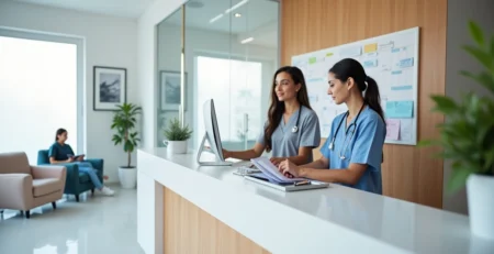 Recepção de clínica médica organizada com equipe alinhada