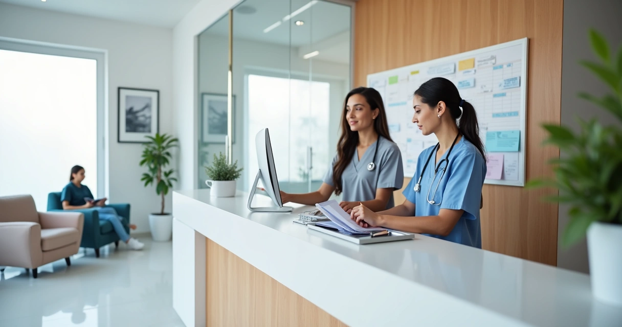 Recepção de clínica médica organizada com equipe alinhada