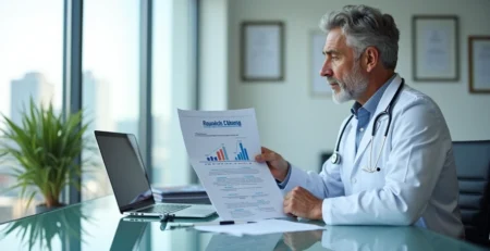 Médico analisando contrato de seguro de responsabilidade civil em consultório moderno