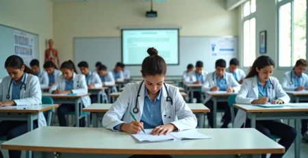 Sala de aula de medicina com alunos fazendo prova escrita