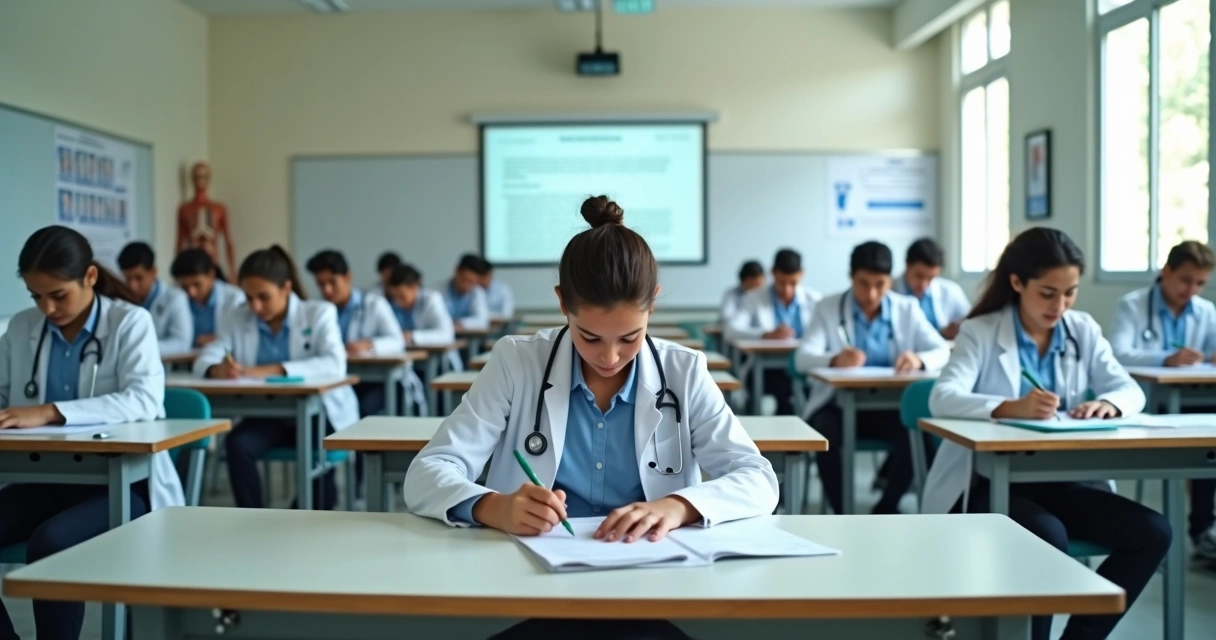 Sala de aula de medicina com alunos fazendo prova escrita