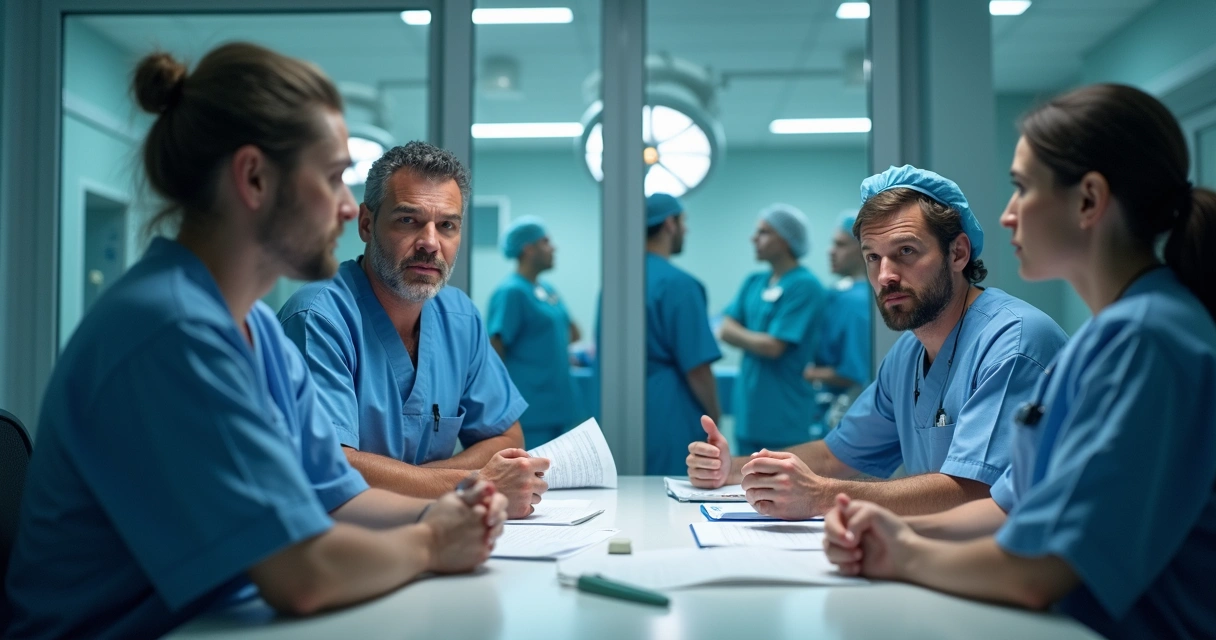 Equipe médica em reunião após incidente na sala cirúrgica 