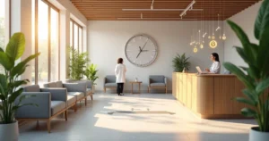 Sala de espera de clínica organizada com setas e relógio destacando eficiência e faturamento