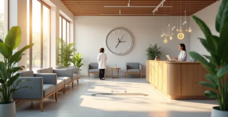 Sala de espera de clínica organizada com setas e relógio destacando eficiência e faturamento