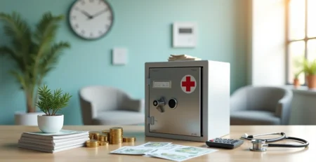 Cofre em formato de consultório médico cheio de moedas e notas organizado sobre mesa clara