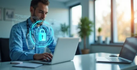 Profissional da saúde usando computador protegido com dados digitais em tela segura