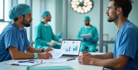 Médico e paciente analisando contrato de seguro para cirurgia em ambiente hospitalar moderno