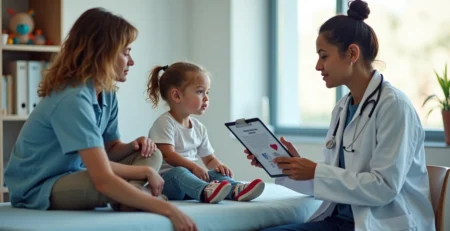 Pais abraçando criança em consulta pediátrica com médico explicando documento de seguro