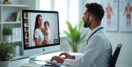 Médico em videoconferência atendendo paciente por telemedicina no computador