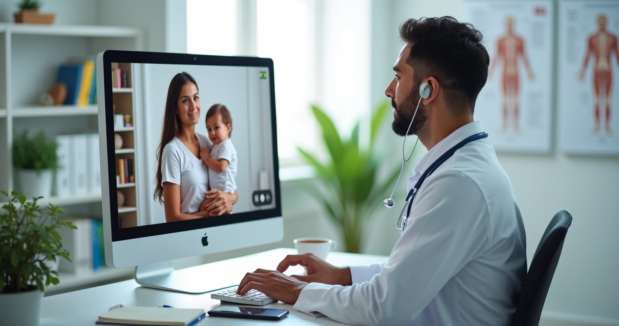 Médico em videoconferência atendendo paciente por telemedicina no computador