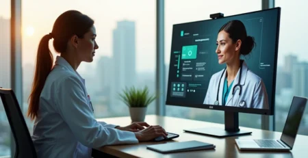 Médica em consultório híbrido realizando teleconsulta com interface de plano de saúde