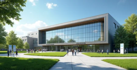 Fachada moderna de uma universidade de medicina com estudantes no campus ensolarado