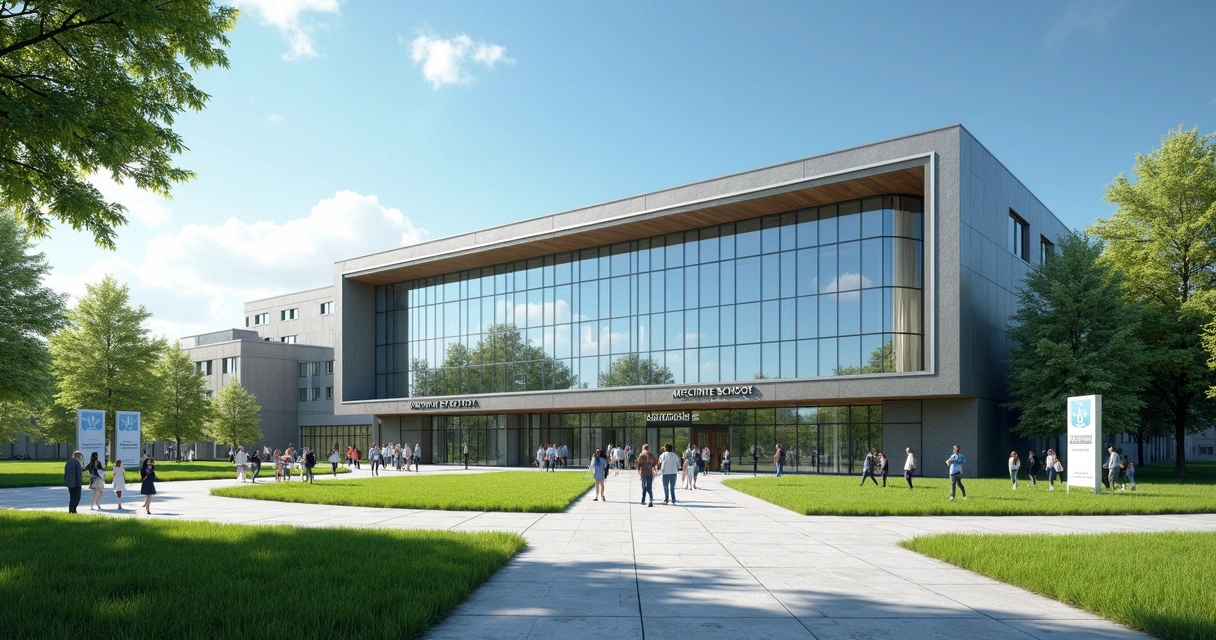 Fachada moderna de uma universidade de medicina com estudantes no campus ensolarado